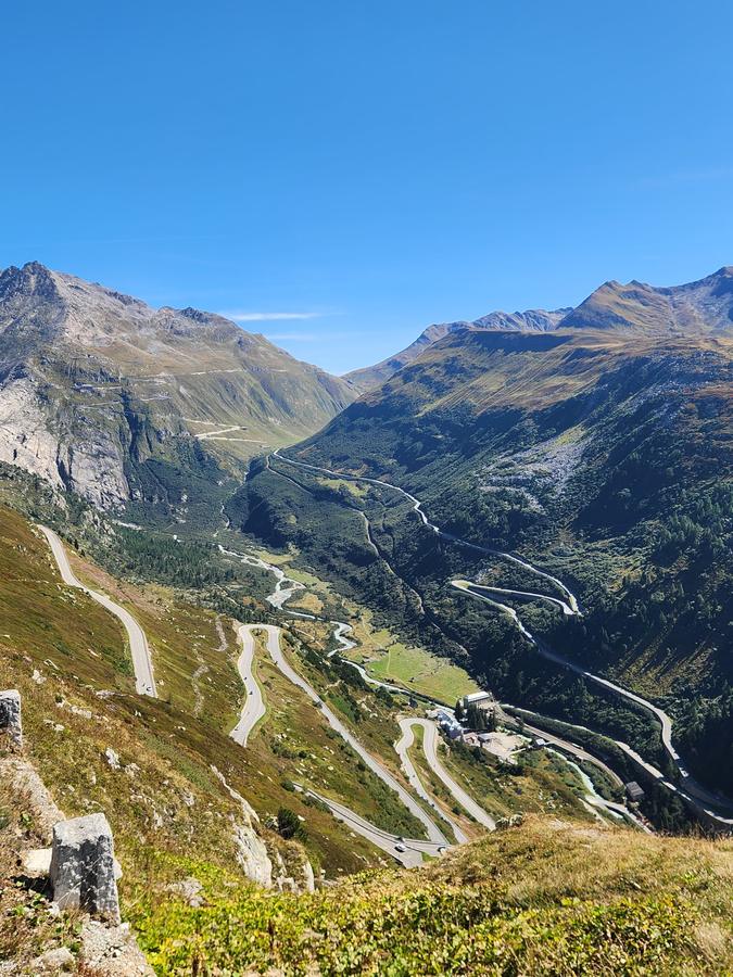 The Furka road winding up out of Gletsch, seen from the Grimsel