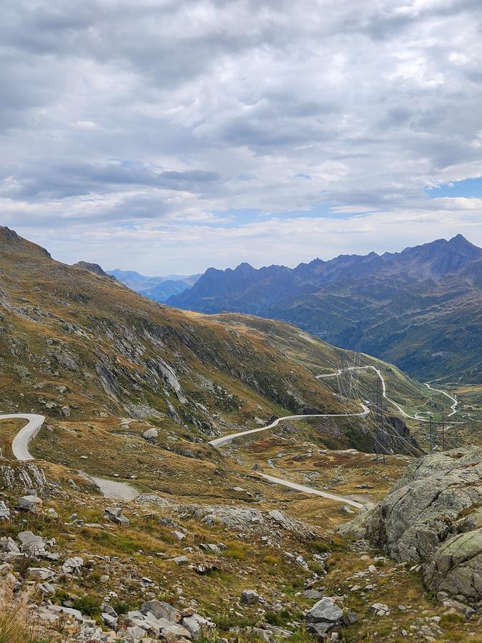 The Nufenen road winding down into Val Bedretto