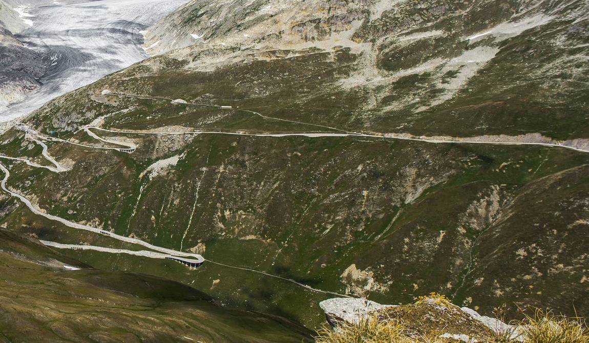 Hairpin bends climbing towards a glacier